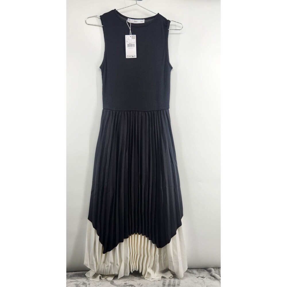 Mango Women's Small Black Combined Pleated Dress NWT Midi Round Neckline